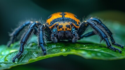 Fototapeta premium Close-up of a vibrant, hairy spider on a dewy leaf.