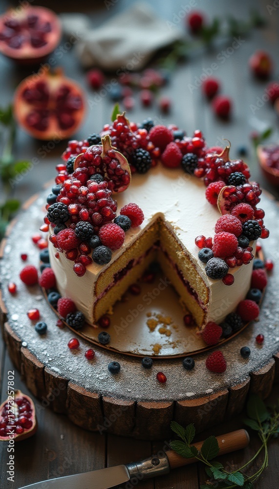 Aufkleber elegant cake adorned with fresh berries and surrounded by lush greenery in a beautiful setting