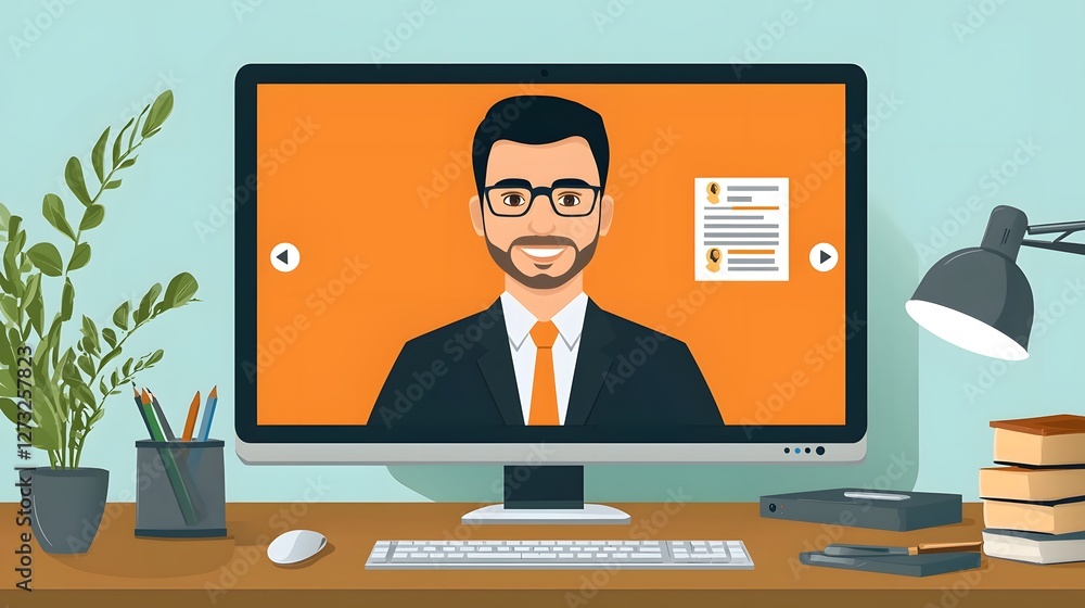 Poster professional online interview setup with candidate visible on computer monitor screen in home office