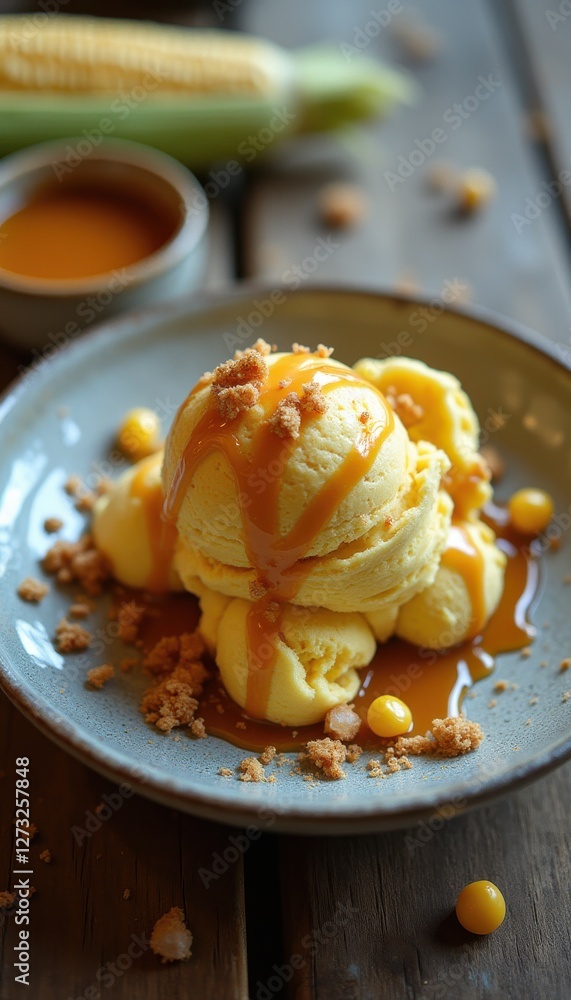 Aufkleber delightful sweet corn scoop served with caramel drizzle and crunchy topping on a rustic plate