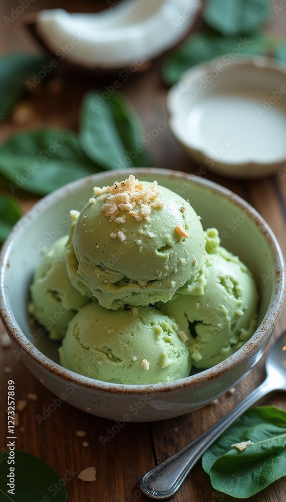 Aufkleber Spinach ice cream served in a rustic bowl with crushed nuts for added texture