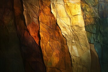 Multicolored crumpled paper layers with warm lighting. textured background