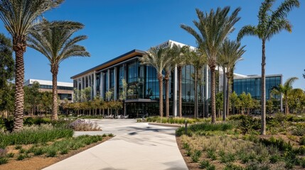 Fototapeta premium A business center exterior featuring alternating aluminum and glass panels, achieving a sleek design