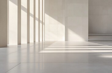 Obraz premium Sunlit modern minimalist interior with columns, walls, and stairs.