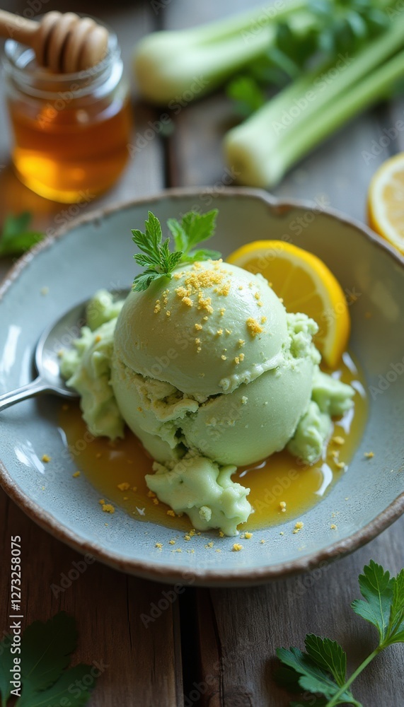 Aufkleber Celery ice served on a rustic plate with honey drizzle and lemon garnish