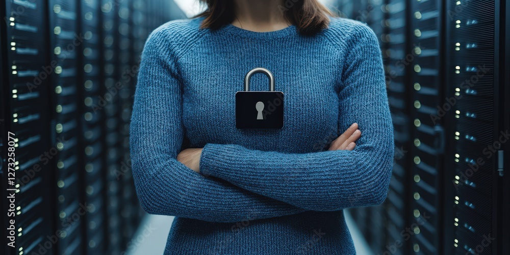 Poster cyber security ransomware prevention concept. woman with a padlock symbolizing data security in a se