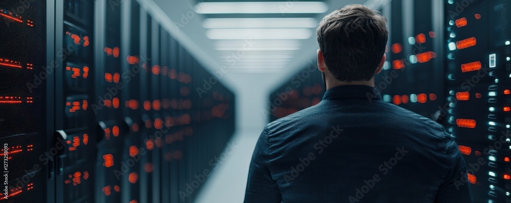 Aufkleber cyber security ransomware prevention concept. a person observing server racks in a data center.