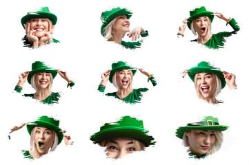Collage of beautiful young woman celebrating St. Patrick's Day on white background. St. Patrick's Day celebration