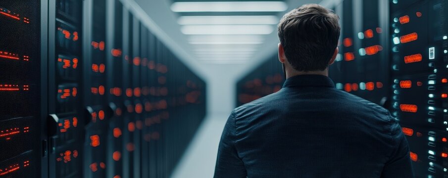 cyber security ransomware prevention concept. A person observing server racks in a data center.