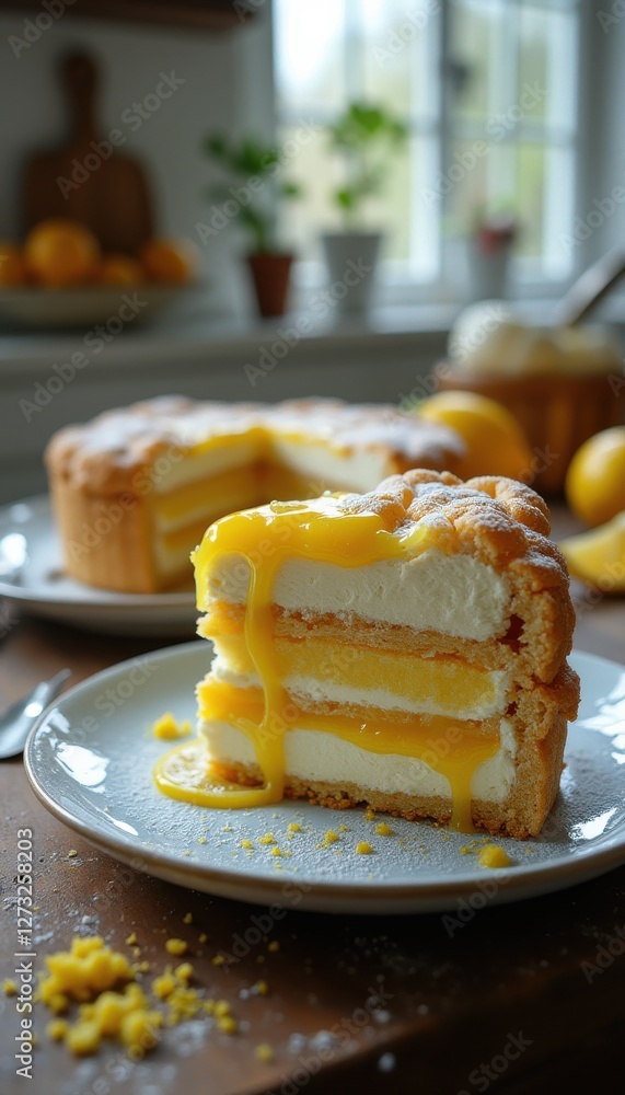 Aufkleber Lemon pie with layers of cream and zest served in a rustic kitchen setting