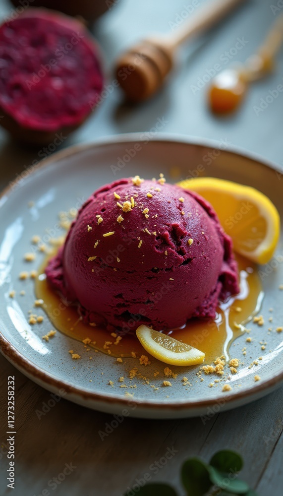 Poster beetroot ice cream scoop served with citrus slices and honey drizzle on a plate