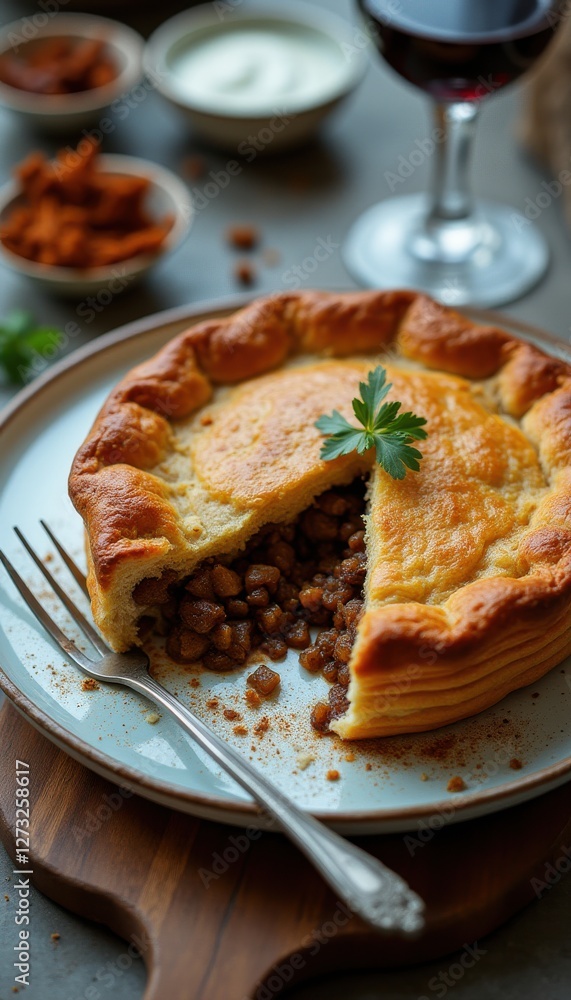 Poster plated french style lamb dish with rich flavors and elegant presentation on a rustic table setting
