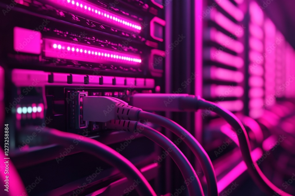 Aufkleber close-up of network cables connected to server rack in a data center with pink lighting.