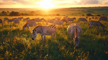 Fototapeta premium Zebras graze in grasslands at sunset in the African savanna. Nature photography use