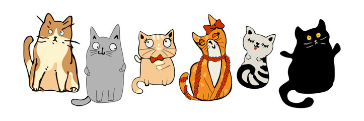 Fototapeta premium Set of cute adorable cartoon cats. Colorful hand drawn vector illustration character collection isolated on transparent background. Cat family, black, red, grey, stripped kittens.