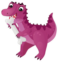 cartoon scene with happy prehistoric animal tyrannosaurus trex velociraptor dino dinosaur smiling walking and biting eating bone isolated on white background illustration for children © honeyflavour