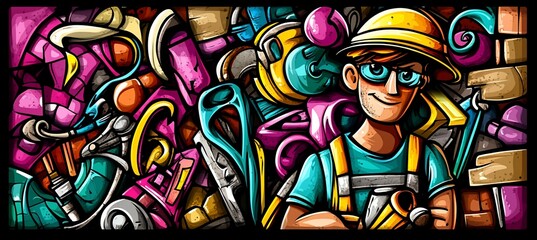 Cartoon construction worker surrounded by tools and building materials in vibrant colors.