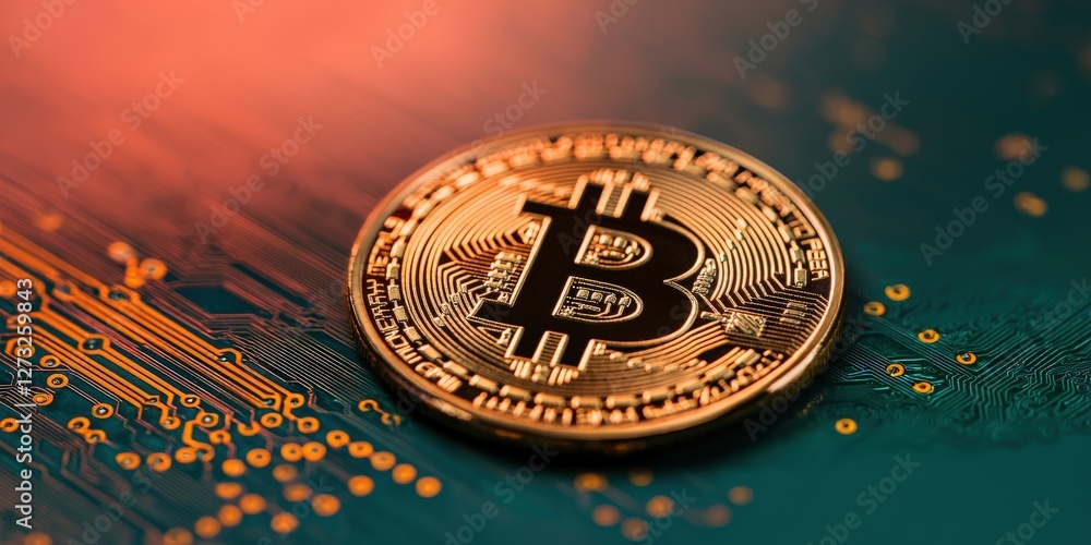 Aufkleber cyber security ransomware prevention concept. bitcoin coin on a digital circuit background with glow
