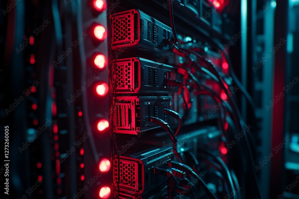Poster close-up of server rack with cables and red lights in data center.