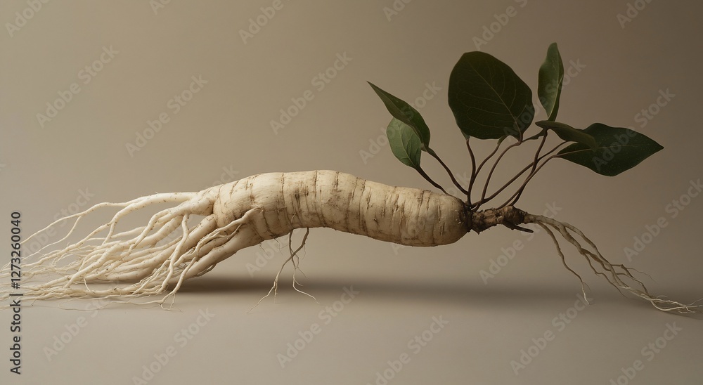 Poster close-up of a ginseng root with leaves, showing intricate details of its structure and texture again