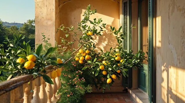beautiful vintage balcony in Italy with lemon fruits, sunny summer day

