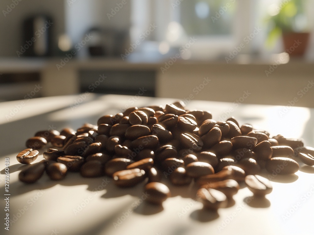 Wall mural Sunlit pile of roasted coffee beans on kitchen counter.