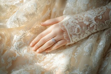 Close-up of a woman's hand adorned with a diamond ring, resting on delicate lace fabric.