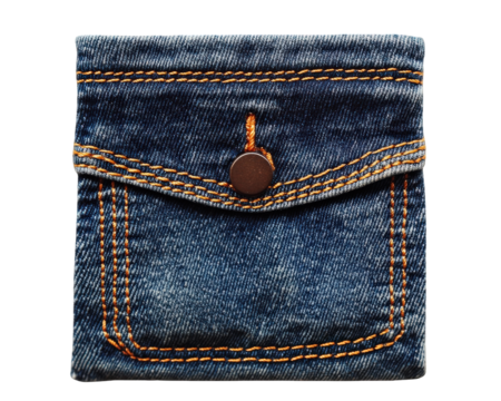 Denim pocket with classic blue jeans design, featuring detailed stitching and button closure, perfect for fashion enthusiasts