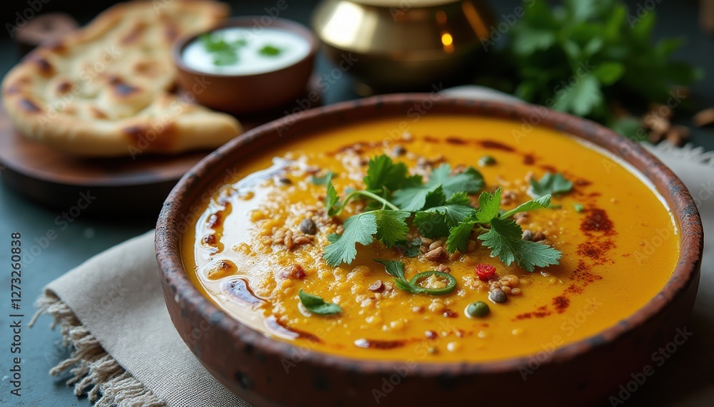 Aufkleber rich and flavorful lentil curry served in a traditional bowl with fresh herbs and naan on a rustic t