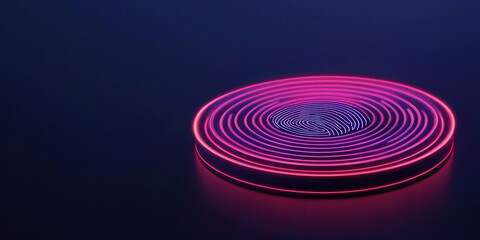 cyber security ransomware prevention concept. Neon circular pattern with glowing concentric rings on a dark background.