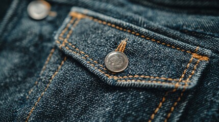 Close-up of denim jacket pocket detail, showing button and stitching.
