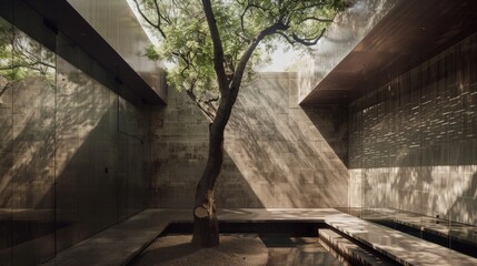 Serene Courtyard: Architectural Design with a Tree