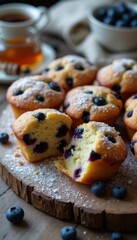 Freshly baked handmade blueberry muffins on a wooden board with blueberry garnishes in a cozy kitchen setting