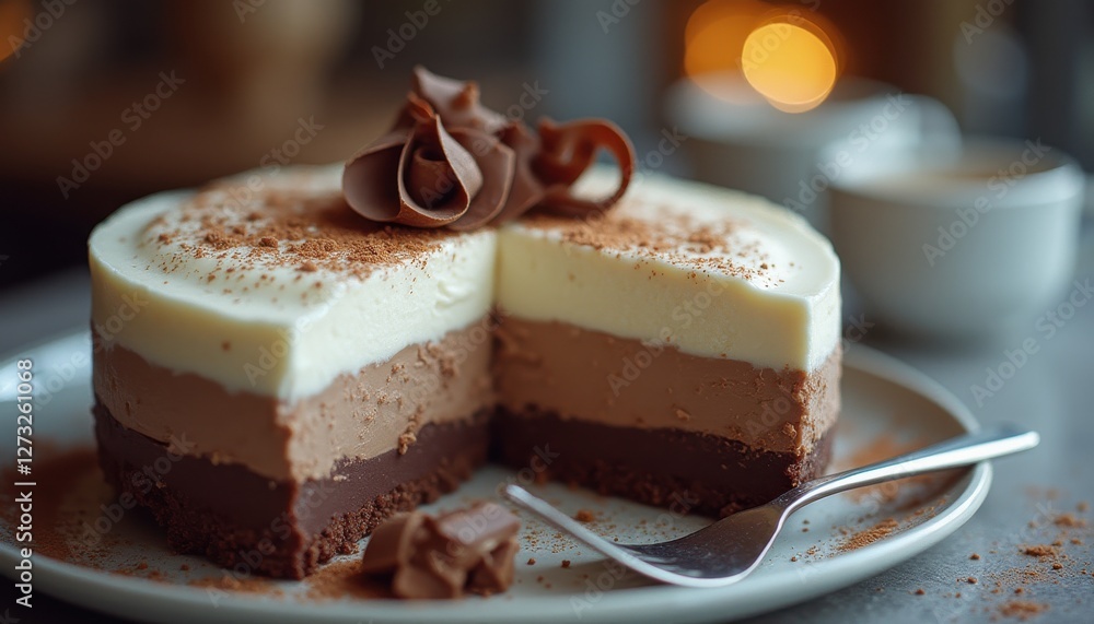 Poster Luxurious mousse cake with rich chocolate layers and elegant presentation in a cozy dessert setting