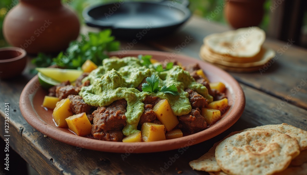 Poster Savory plate of beef stew with potatoes and avocado sauce served in a rustic setting