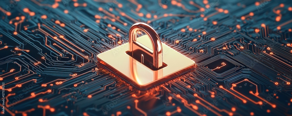 Poster cyber security ransomware prevention concept. digital lock on a circuit board background representin