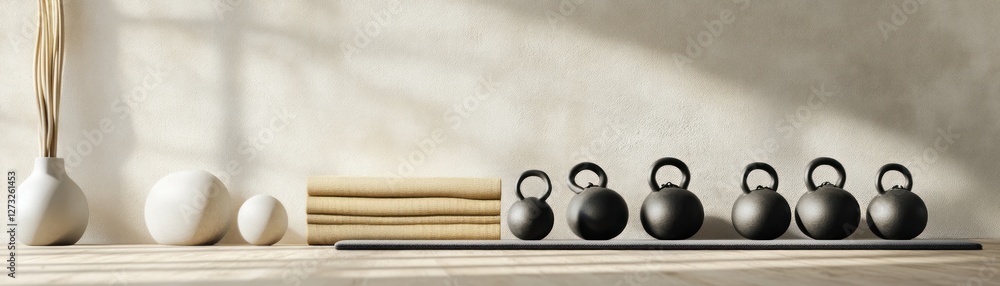 Poster Kettlebells arranged on a mat with vases and books