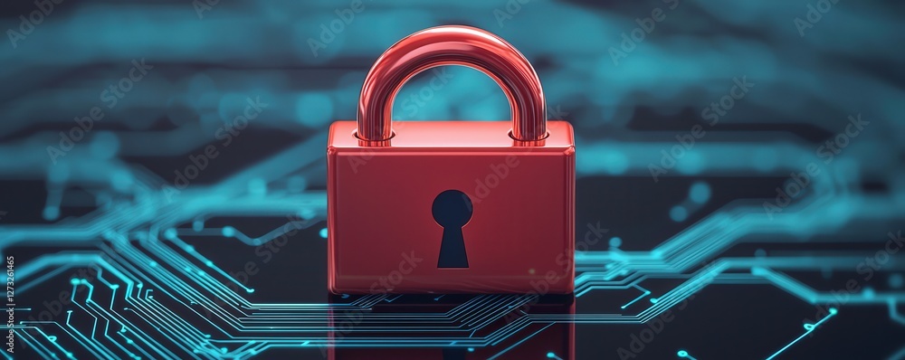 Poster cyber security ransomware prevention concept. red padlock on a digital circuit background symbolizes
