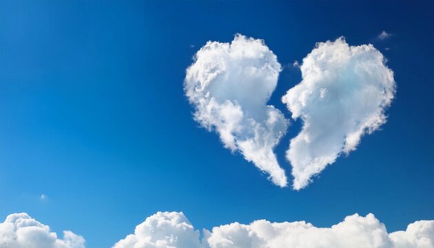Broken heart shaped cloud against blue sky background 