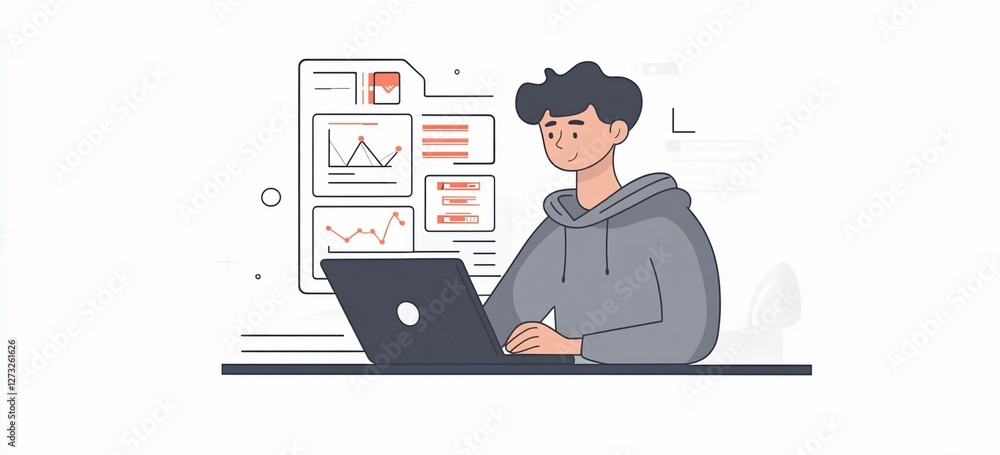 Poster young man working on laptop, analyzing data charts and graphs.