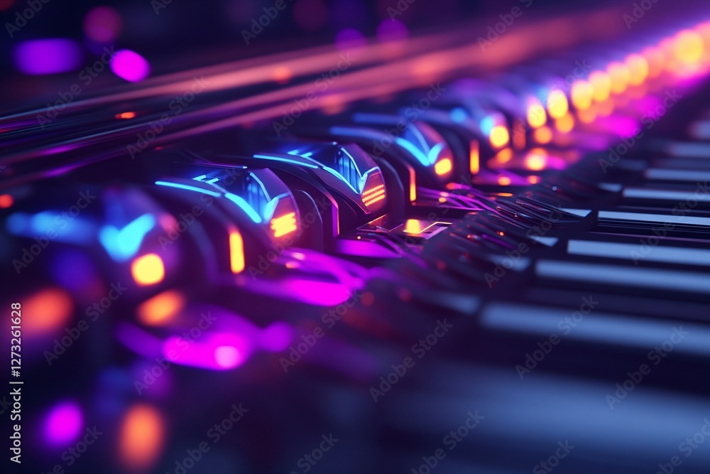 Poster close-up of futuristic illuminated control panel with glowing switches and buttons.