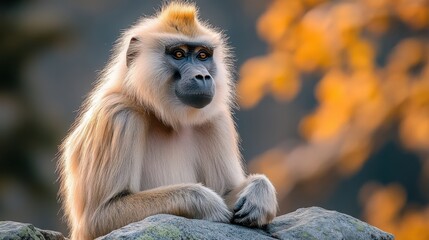 Obraz premium A dramatic portrait of a gelada baboon sitting on a rocky mountain ledge, its golden mane illuminated by the rising sun.