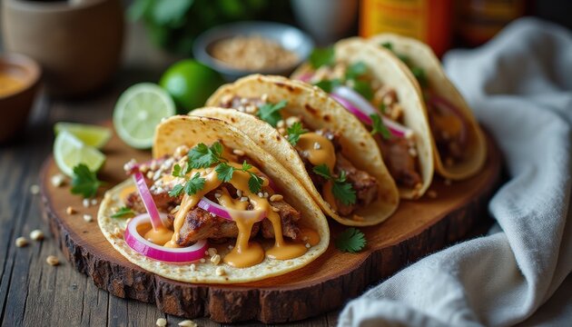Enjoying delicious fus tacos with garnishes in a cozy setting at a rustic wooden table