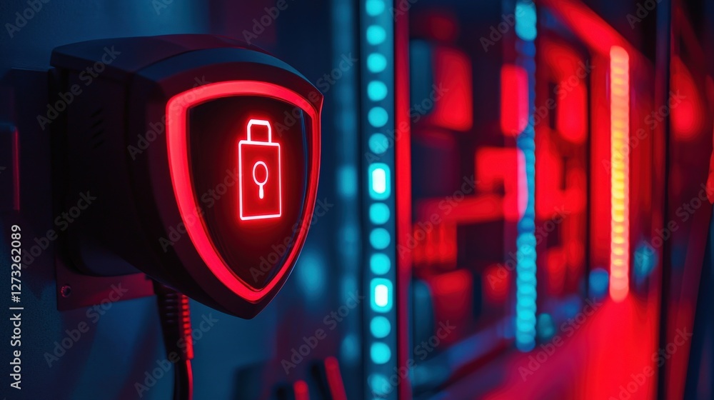 Poster cyber security ransomware prevention concept. illuminated security lock with red and blue lighting e
