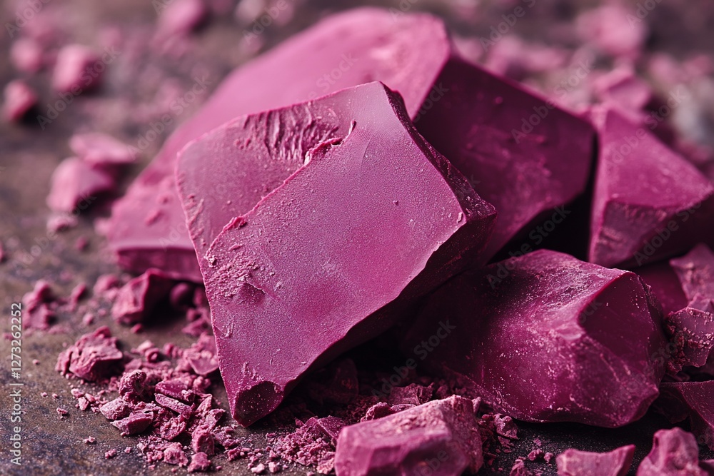 Poster close-up of ruby chocolate chunks on a dark surface. (1)