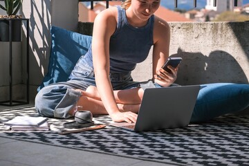 Work Remotely, Digital Nomad.digital nomad enjoys peaceful remote work setup balcony with a scenic mountain view essence of flexibility, work-life balance, and the freedom of location-independent work