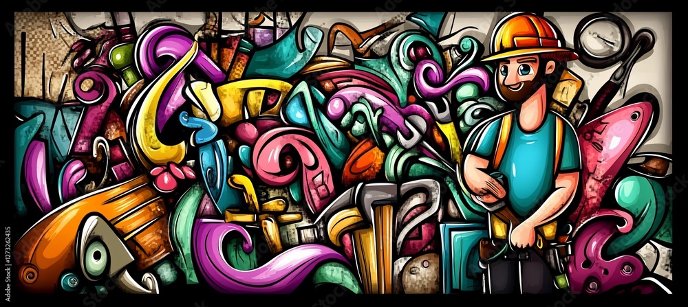 Poster colorful doodle art featuring a craftsman amidst a vibrant array of tools and objects.