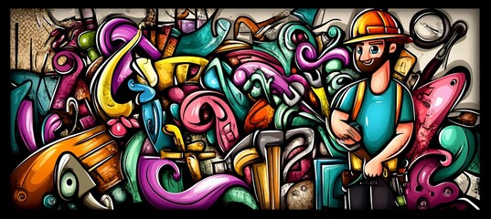 Colorful doodle art featuring a craftsman amidst a vibrant array of tools and objects.