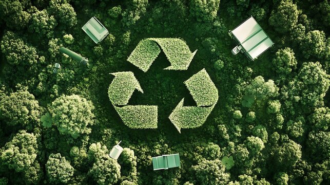 Aerial view of a lush green forest with a recycling symbol made from environmentally friendly elements : Generative AI
