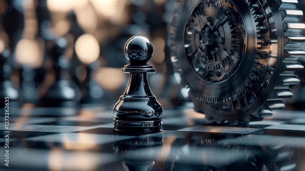 Poster close-up of a metallic chess pawn on a board, with a large gear mechanism in the background, represe